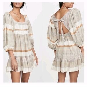 Free People Mini Dress Sz S Cozy Striped Peasant Strappy Open Back Ivory Combo
